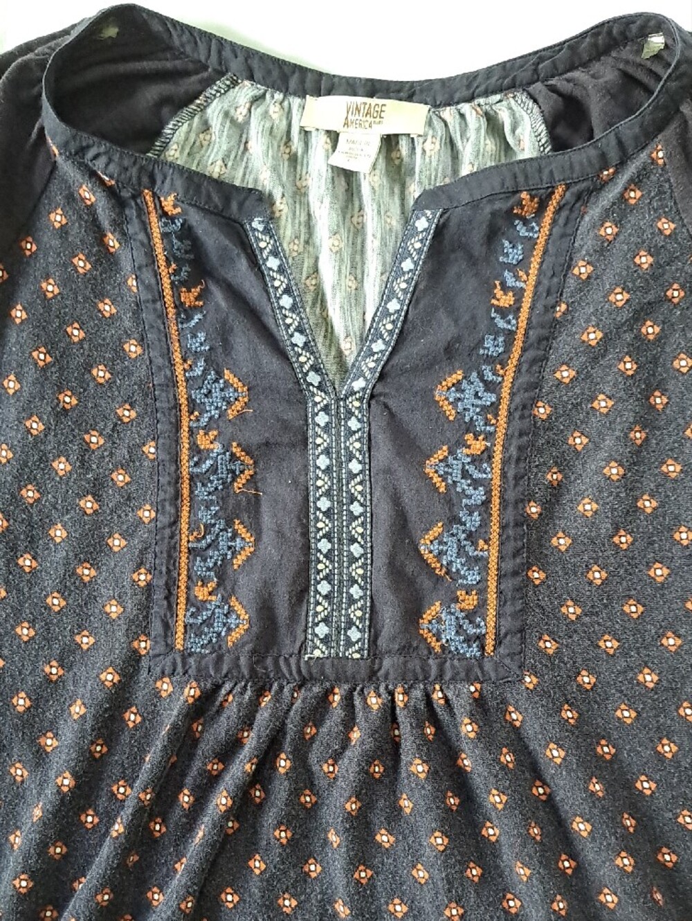 ​Vintage America Blues Boho Floral Embroidered Peasant Long Sleeve Shirt Size L - Picture 3 of 12